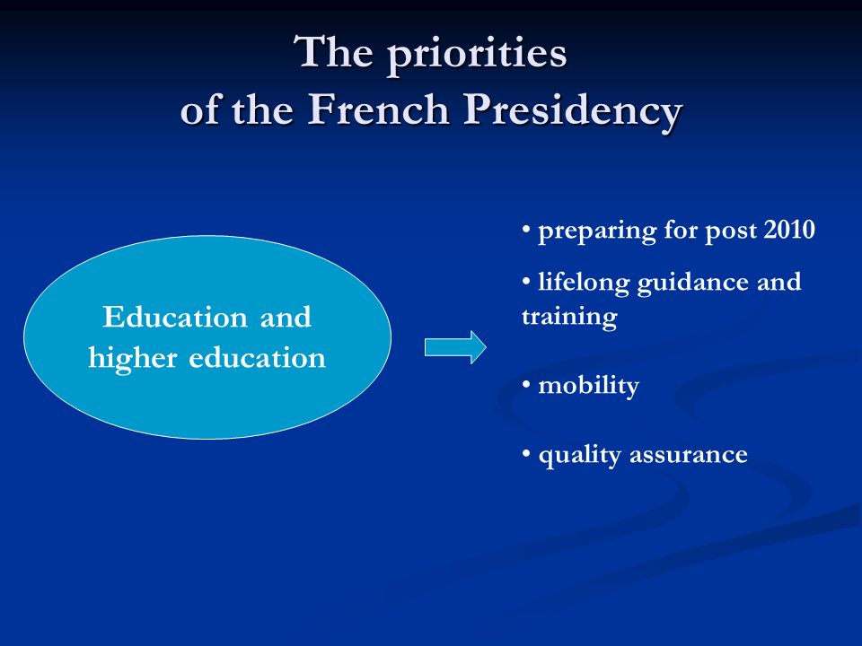 The priorities of the French Presidency Education and higher education preparing for post 2010 lifelong guidance and training mobility quality assurance