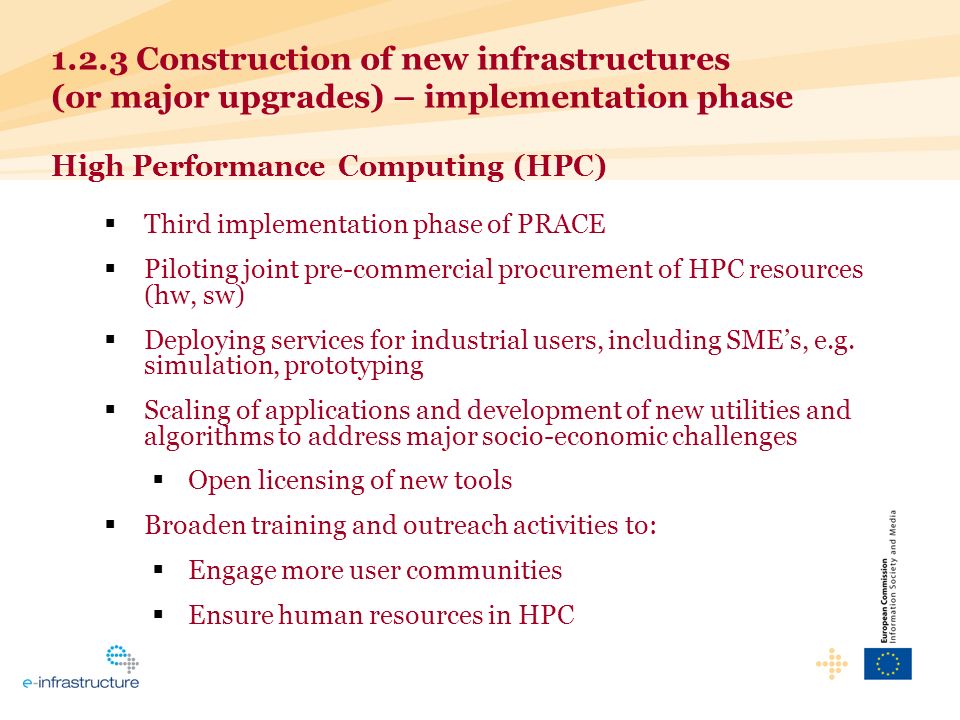 1.2.3 Construction of new infrastructures (or major upgrades) – implementation phase High Performance Computing (HPC) Third implementation phase of PRACE Piloting joint pre-commercial procurement of HPC resources (hw, sw) Deploying services for industrial users, including SMEs, e.g.