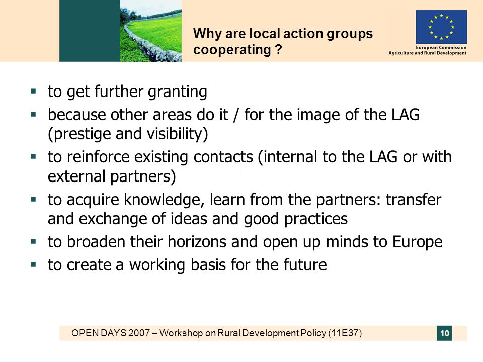 OPEN DAYS 2007 – Workshop on Rural Development Policy (11E37) 10 Why are local action groups cooperating .
