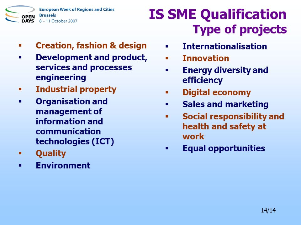 14/14 Creation, fashion & design Development and product, services and processes engineering Industrial property Organisation and management of information and communication technologies (ICT) Quality Environment Internationalisation Innovation Energy diversity and efficiency Digital economy Sales and marketing Social responsibility and health and safety at work Equal opportunities IS SME Qualification Type of projects