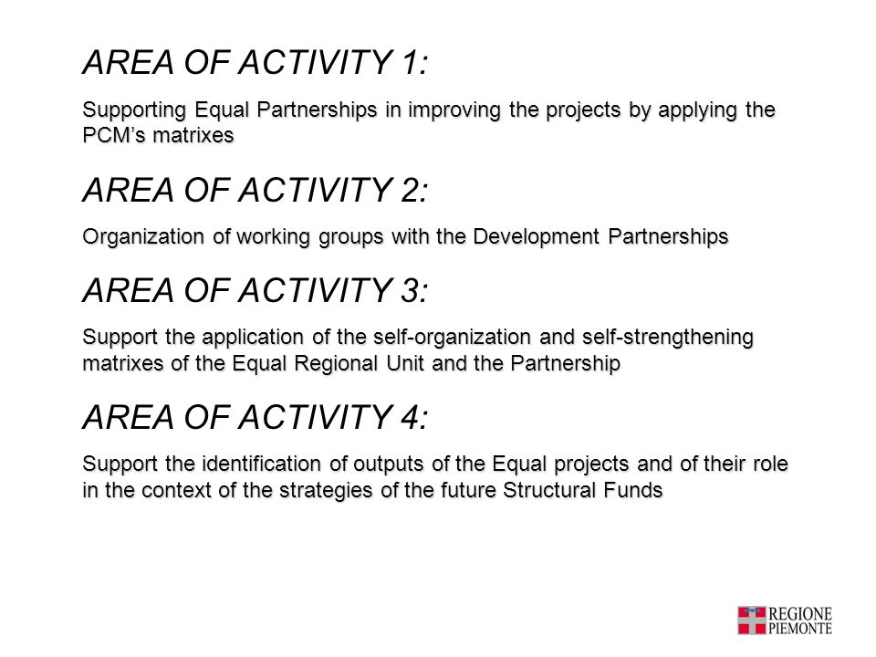 AREA OF ACTIVITY 1: Supporting Equal Partnerships in improving the projects by applying the PCMs matrixes AREA OF ACTIVITY 2: Organization of working groups with the Development Partnerships AREA OF ACTIVITY 3: Support the application of the self-organization and self-strengthening matrixes of the Equal Regional Unit and the Partnership AREA OF ACTIVITY 4: Support the identification of outputs of the Equal projects and of their role in the context of the strategies of the future Structural Funds
