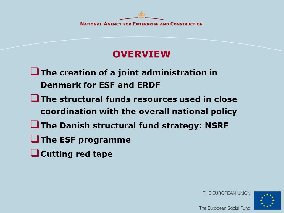 OVERVIEW The creation of a joint administration in Denmark for ESF and ERDF The structural funds resources used in close coordination with the overall national policy The Danish structural fund strategy: NSRF The ESF programme Cutting red tape