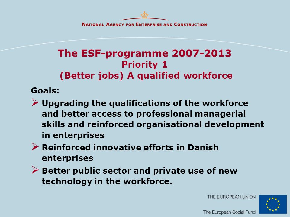 The ESF-programme Priority 1 (Better jobs) A qualified workforce Goals: Upgrading the qualifications of the workforce and better access to professional managerial skills and reinforced organisational development in enterprises Reinforced innovative efforts in Danish enterprises Better public sector and private use of new technology in the workforce.