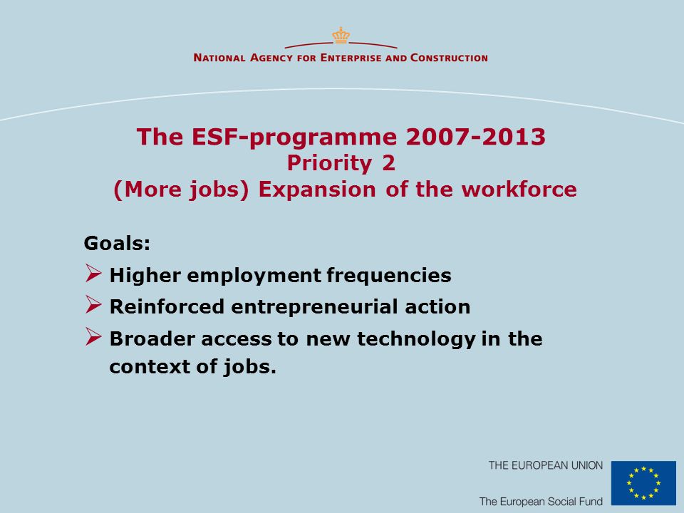 The ESF-programme Priority 2 (More jobs) Expansion of the workforce Goals: Higher employment frequencies Reinforced entrepreneurial action Broader access to new technology in the context of jobs.