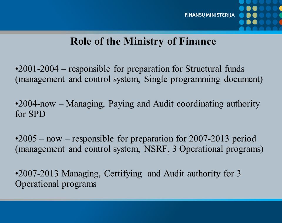 Role of the Ministry of Finance – responsible for preparation for Structural funds (management and control system, Single programming document) 2004-now – Managing, Paying and Audit coordinating authority for SPD 2005 – now – responsible for preparation for period (management and control system, NSRF, 3 Operational programs) Managing, Certifying and Audit authority for 3 Operational programs