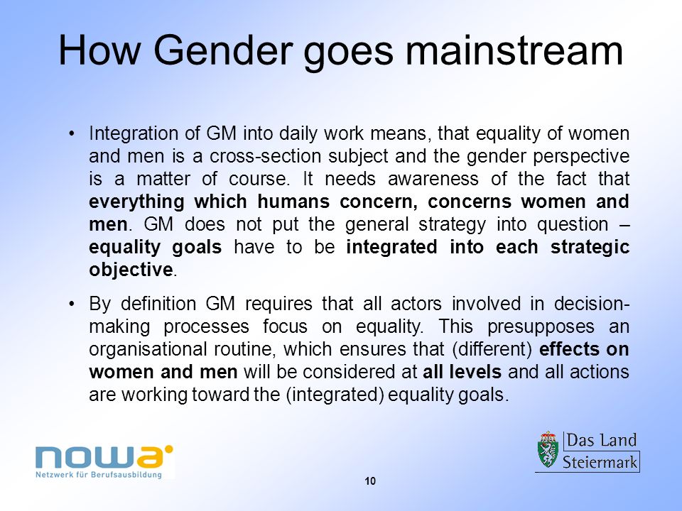 10 How Gender goes mainstream Integration of GM into daily work means, that equality of women and men is a cross-section subject and the gender perspective is a matter of course.