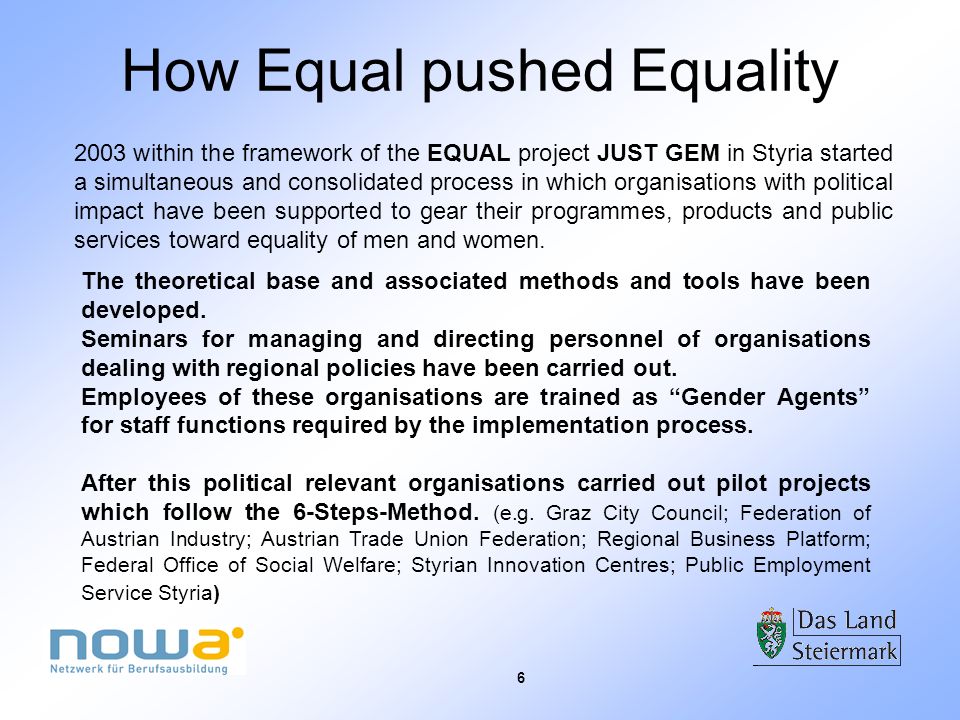 6 How Equal pushed Equality 2003 within the framework of the EQUAL project JUST GEM in Styria started a simultaneous and consolidated process in which organisations with political impact have been supported to gear their programmes, products and public services toward equality of men and women.