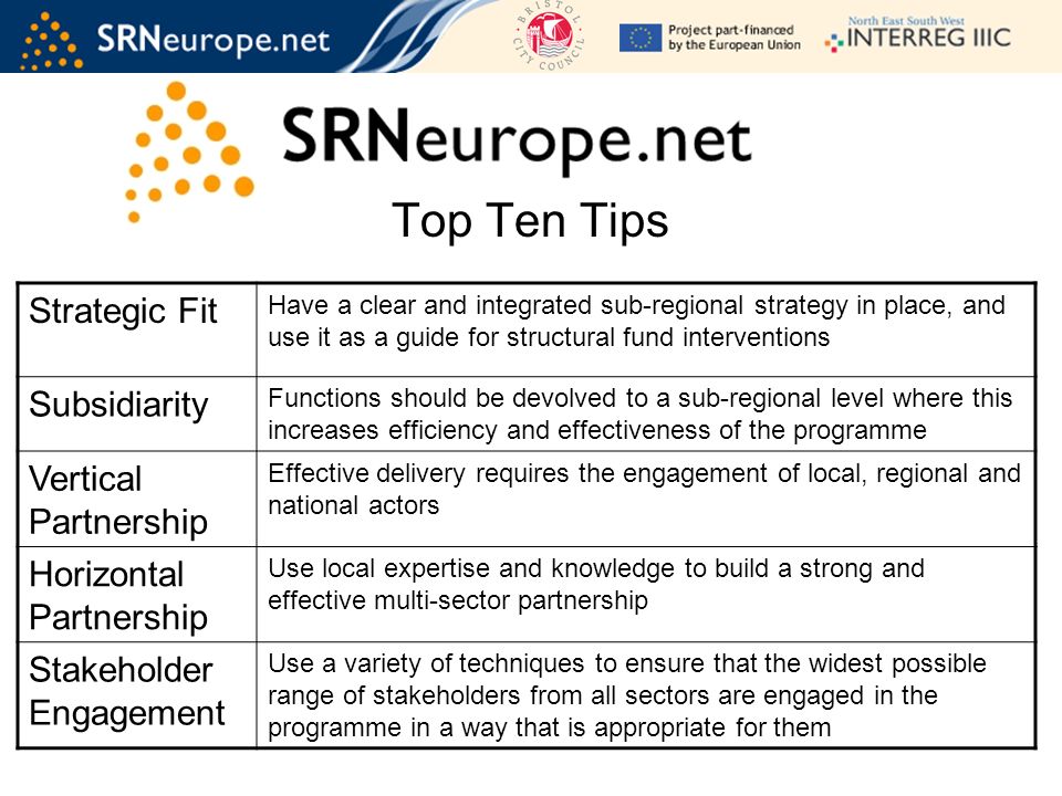 Top Ten Tips Strategic Fit Have a clear and integrated sub-regional strategy in place, and use it as a guide for structural fund interventions Subsidiarity Functions should be devolved to a sub-regional level where this increases efficiency and effectiveness of the programme Vertical Partnership Effective delivery requires the engagement of local, regional and national actors Horizontal Partnership Use local expertise and knowledge to build a strong and effective multi-sector partnership Stakeholder Engagement Use a variety of techniques to ensure that the widest possible range of stakeholders from all sectors are engaged in the programme in a way that is appropriate for them