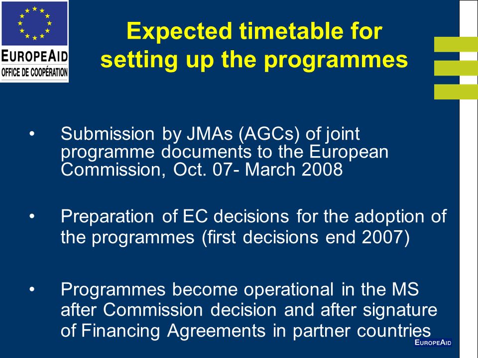 Expected timetable for setting up the programmes Submission by JMAs (AGCs) of joint programme documents to the European Commission, Oct.