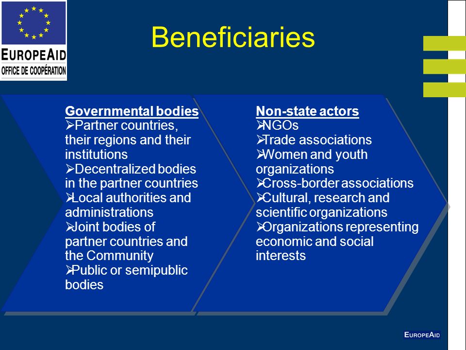 Beneficiaries Governmental bodies Partner countries, their regions and their institutions Decentralized bodies in the partner countries Local authorities and administrations Joint bodies of partner countries and the Community Public or semipublic bodies Non-state actors NGOs Trade associations Women and youth organizations Cross-border associations Cultural, research and scientific organizations Organizations representing economic and social interests