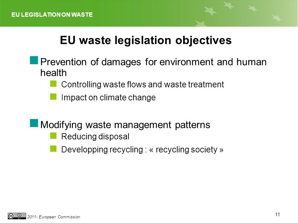 EU LEGISLATION ON WASTE European Commission EU waste legislation objectives Prevention of damages for environment and human health Controlling waste flows and waste treatment Impact on climate change Modifying waste management patterns Reducing disposal Developping recycling : « recycling society » 11