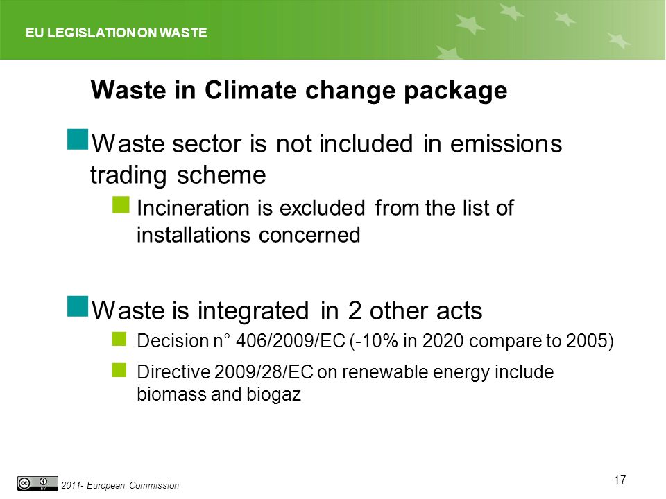 EU LEGISLATION ON WASTE European Commission Waste in Climate change package Waste sector is not included in emissions trading scheme Incineration is excluded from the list of installations concerned Waste is integrated in 2 other acts Decision n° 406/2009/EC (-10% in 2020 compare to 2005) Directive 2009/28/EC on renewable energy include biomass and biogaz 17