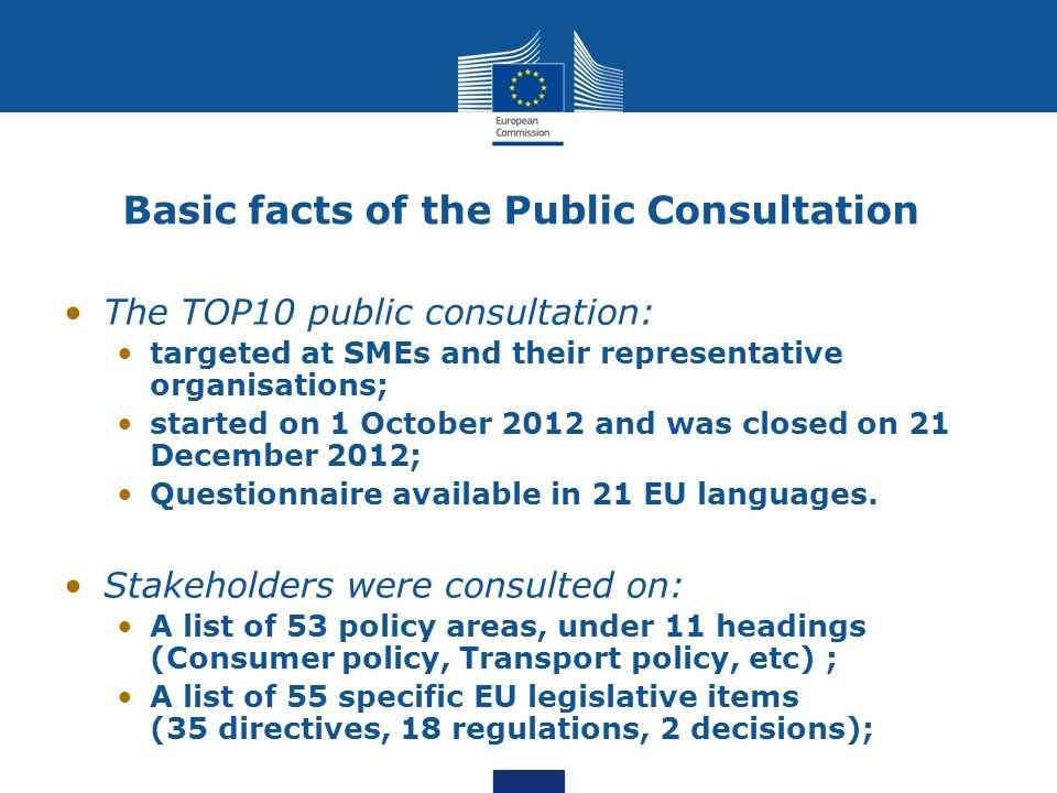 Basic facts of the Public Consultation The TOP10 public consultation: targeted at SMEs and their representative organisations; started on 1 October 2012 and was closed on 21 December 2012; Questionnaire available in 21 EU languages.