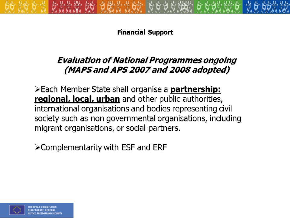 Financial Support Evaluation of National Programmes ongoing (MAPS and APS 2007 and 2008 adopted) Each Member State shall organise a partnership: regional, local, urban and other public authorities, international organisations and bodies representing civil society such as non governmental organisations, including migrant organisations, or social partners.