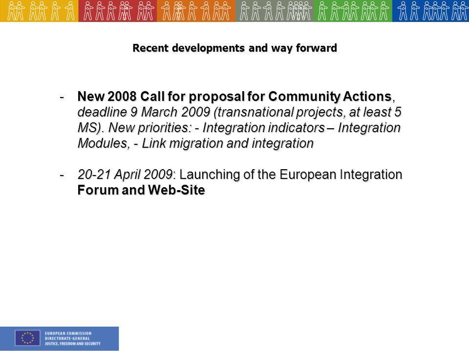 Recent developments and way forward -New 2008 Call for proposal for Community Actions, deadline 9 March 2009 (transnational projects, at least 5 MS).