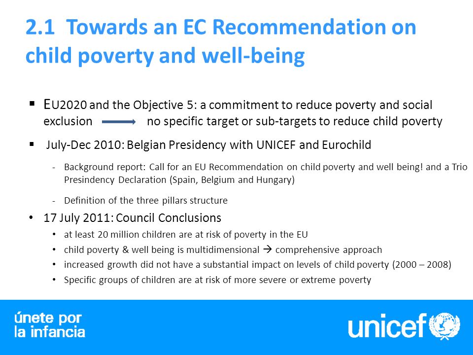 2.1 Towards an EC Recommendation on child poverty and well-being E U2020 and the Objective 5: a commitment to reduce poverty and social exclusion no specific target or sub-targets to reduce child poverty July-Dec 2010: Belgian Presidency with UNICEF and Eurochild -Background report: Call for an EU Recommendation on child poverty and well being.