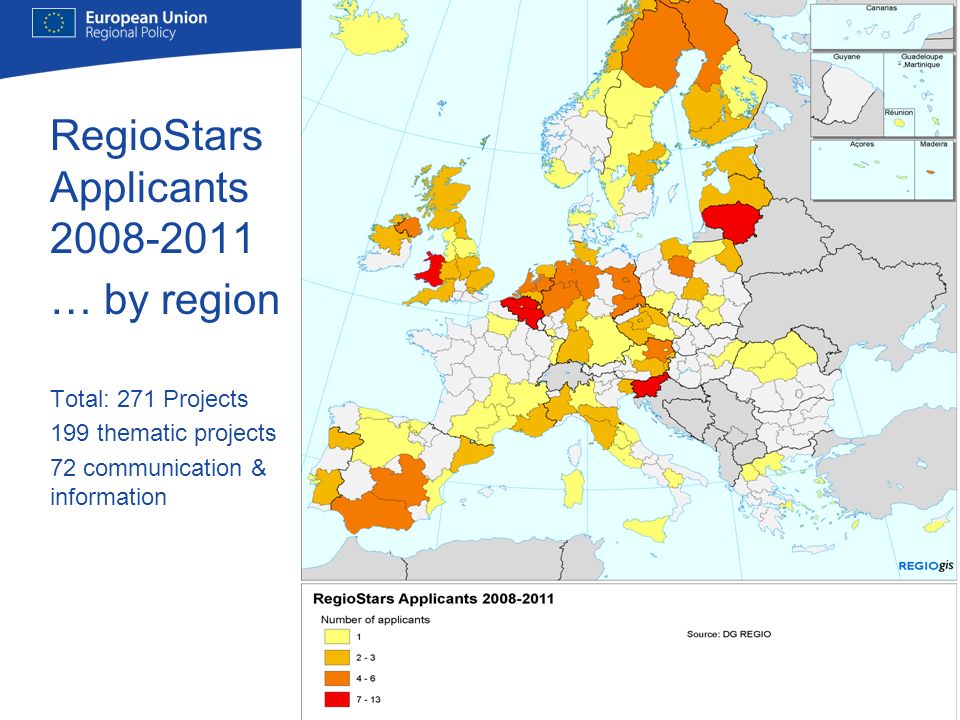 4 RegioStars Applicants … by region Total: 271 Projects 199 thematic projects 72 communication & information