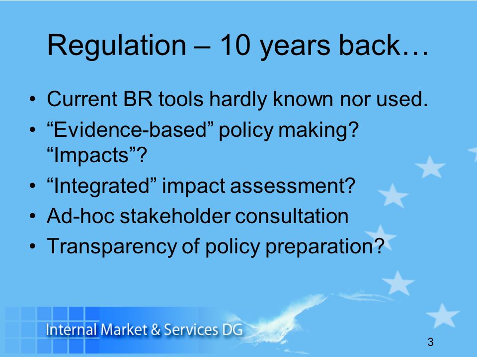 3 Regulation – 10 years back… Current BR tools hardly known nor used.