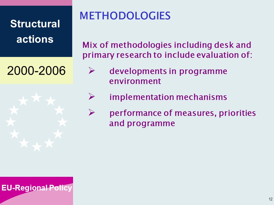 EU-Regional Policy Structural actions 12 METHODOLOGIES Mix of methodologies including desk and primary research to include evaluation of: developments in programme environment implementation mechanisms performance of measures, priorities and programme