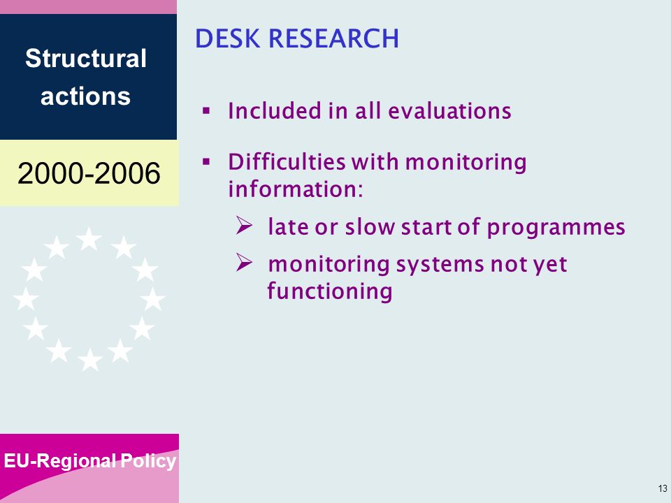 EU-Regional Policy Structural actions 13 DESK RESEARCH Included in all evaluations Difficulties with monitoring information: late or slow start of programmes monitoring systems not yet functioning