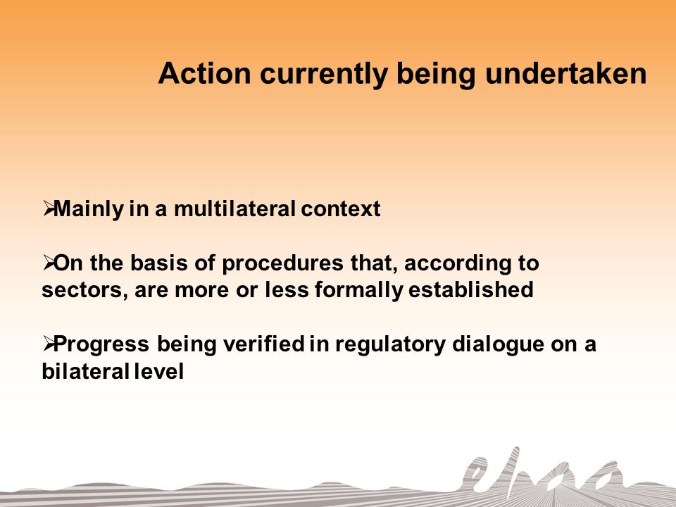 Action currently being undertaken Mainly in a multilateral context On the basis of procedures that, according to sectors, are more or less formally established Progress being verified in regulatory dialogue on a bilateral level