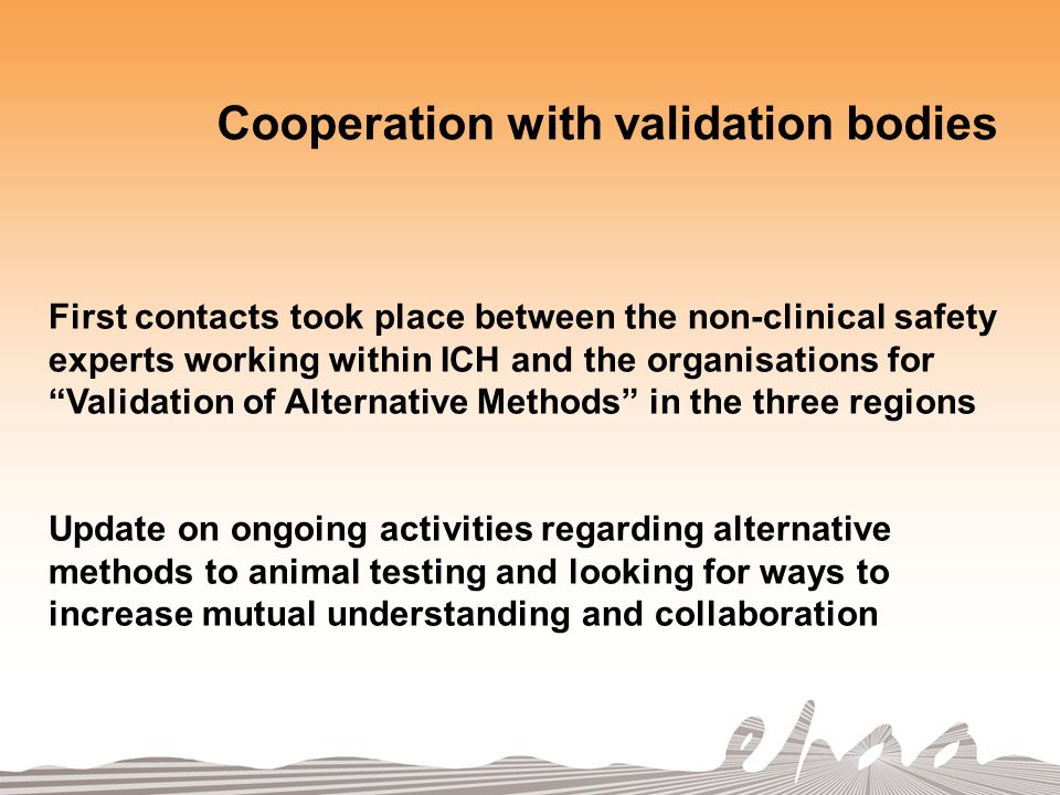 Cooperation with validation bodies First contacts took place between the non-clinical safety experts working within ICH and the organisations for Validation of Alternative Methods in the three regions Update on ongoing activities regarding alternative methods to animal testing and looking for ways to increase mutual understanding and collaboration