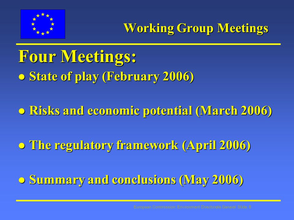 European Commission: Environment Directorate General Slide: 8 Working Group Meetings Four Meetings: l State of play (February 2006) l Risks and economic potential (March 2006) l The regulatory framework (April 2006) l Summary and conclusions (May 2006)