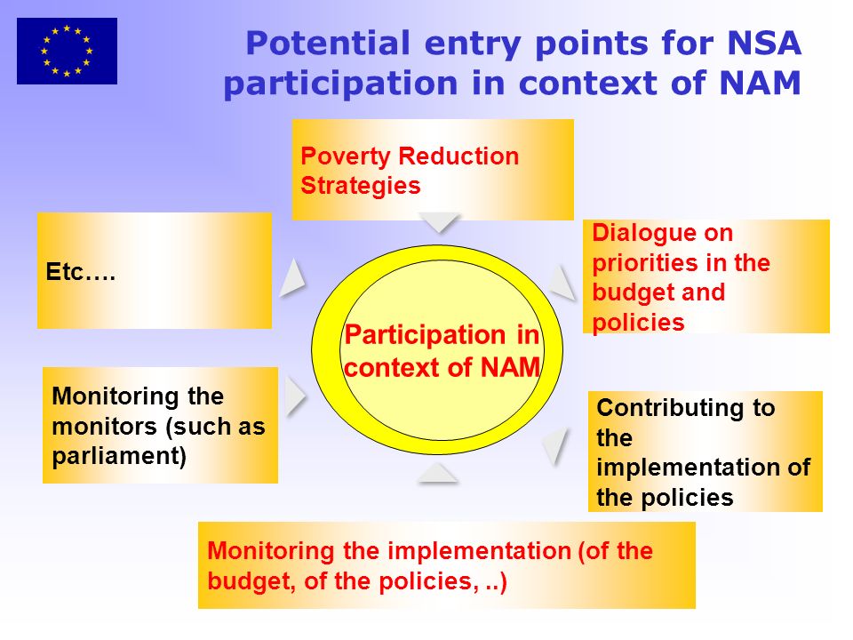 Potential entry points for NSA participation in context of NAM Participation in context of NAM Poverty Reduction Strategies Monitoring the monitors (such as parliament) Monitoring the implementation (of the budget, of the policies,..) Dialogue on priorities in the budget and policies Contributing to the implementation of the policies Etc….