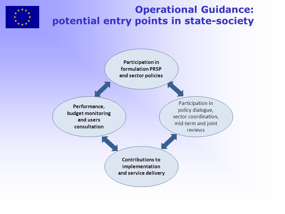 Operational Guidance: potential entry points in state-society Participation in policy dialogue, sector coordination, mid-term and joint reviews Participation in formulation PRSP and sector policies Performance, budget monitoring and users consultation Contributions to implementation and service delivery