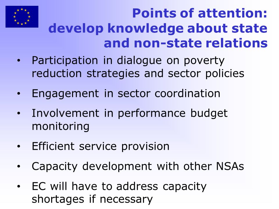 Points of attention: develop knowledge about state and non-state relations Participation in dialogue on poverty reduction strategies and sector policies Engagement in sector coordination Involvement in performance budget monitoring Efficient service provision Capacity development with other NSAs EC will have to address capacity shortages if necessary