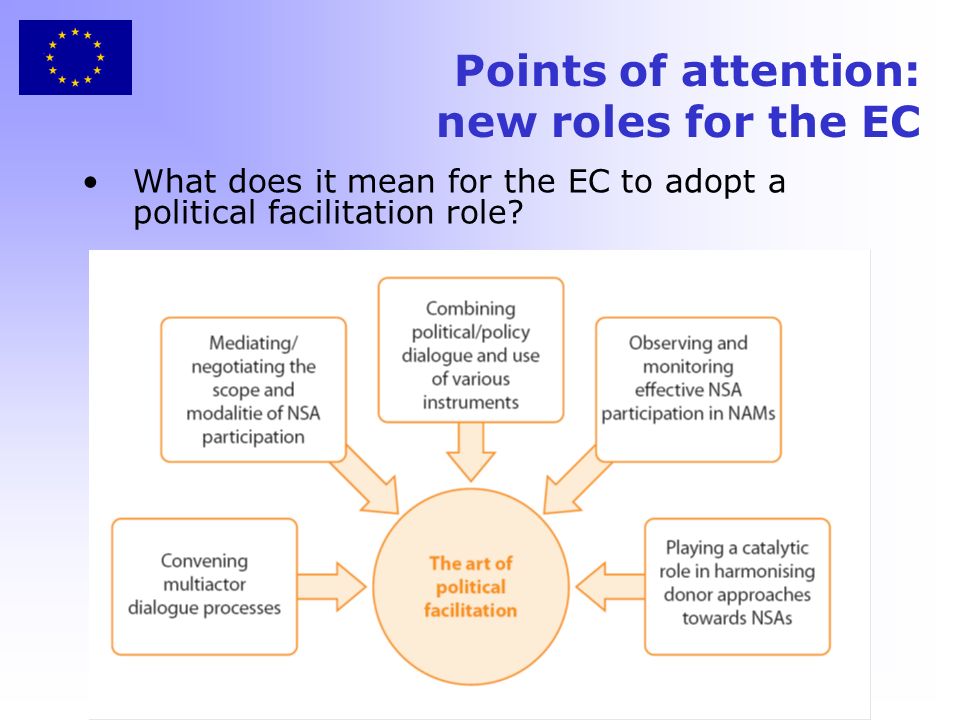 Points of attention: new roles for the EC What does it mean for the EC to adopt a political facilitation role