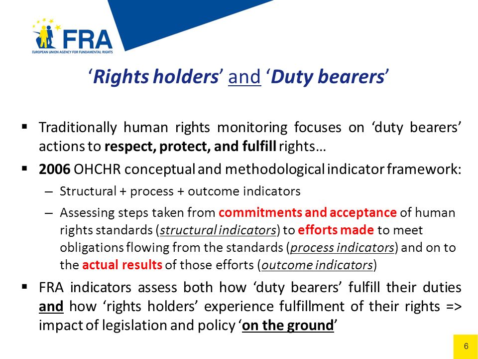 6 Rights holders and Duty bearers Traditionally human rights monitoring focuses on duty bearers actions to respect, protect, and fulfill rights… 2006 OHCHR conceptual and methodological indicator framework: – Structural + process + outcome indicators – Assessing steps taken from commitments and acceptance of human rights standards (structural indicators) to efforts made to meet obligations flowing from the standards (process indicators) and on to the actual results of those efforts (outcome indicators) FRA indicators assess both how duty bearers fulfill their duties and how rights holders experience fulfillment of their rights => impact of legislation and policy on the ground