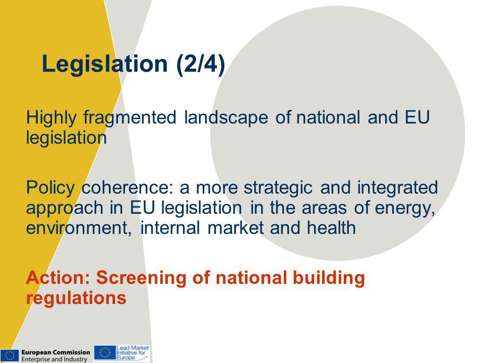 Legislation (2/4) Highly fragmented landscape of national and EU legislation Policy coherence: a more strategic and integrated approach in EU legislation in the areas of energy, environment, internal market and health Action: Screening of national building regulations