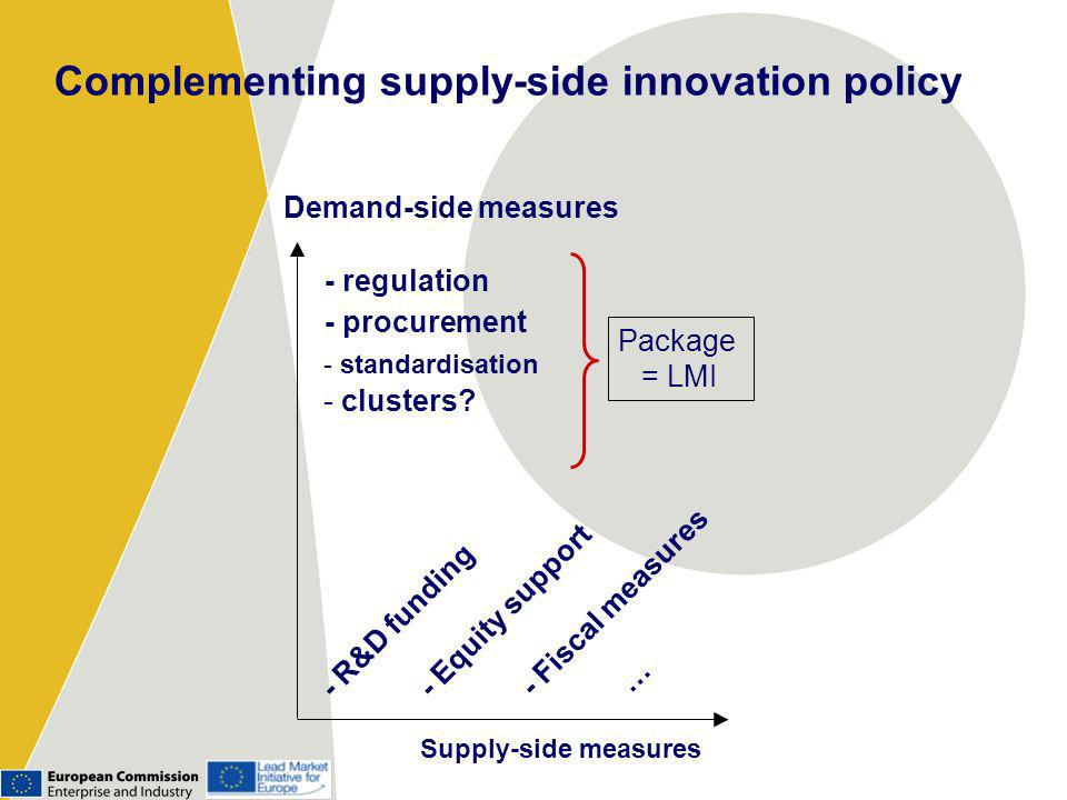 Supply-side measures Demand-side measures - regulation - procurement - R&D funding - Equity support - Fiscal measures … - standardisation - clusters.