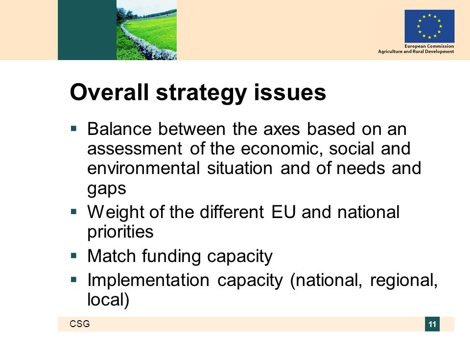 CSG 11 Overall strategy issues Balance between the axes based on an assessment of the economic, social and environmental situation and of needs and gaps Weight of the different EU and national priorities Match funding capacity Implementation capacity (national, regional, local)