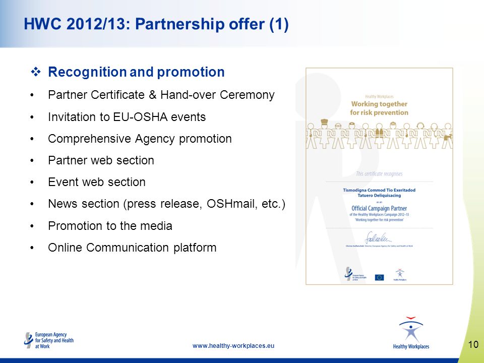 10   HWC 2012/13: Partnership offer (1) Recognition and promotion Partner Certificate & Hand-over Ceremony Invitation to EU-OSHA events Comprehensive Agency promotion Partner web section Event web section News section (press release, OSHmail, etc.) Promotion to the media Online Communication platform