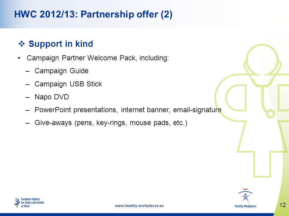 12   HWC 2012/13: Partnership offer (2) Support in kind Campaign Partner Welcome Pack, including: –Campaign Guide –Campaign USB Stick –Napo DVD –PowerPoint presentations, internet banner,  -signature –Give-aways (pens, key-rings, mouse pads, etc.)