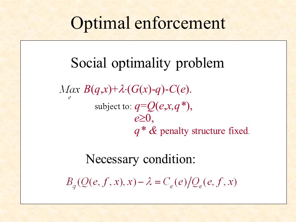 Optimal enforcement Social optimality problem B(q,x)+ (G(x)-q)-C(e).