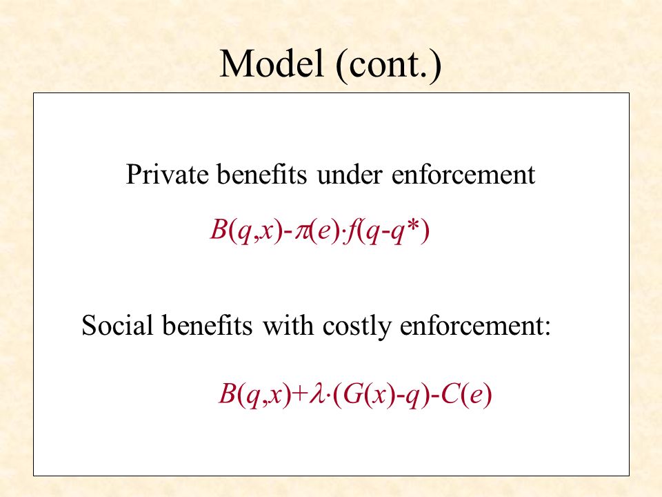 Model (cont.) Private benefits under enforcement Social benefits with costly enforcement: B(q,x)- (e) f(q-q*) B(q,x)+ (G(x)-q)-C(e)