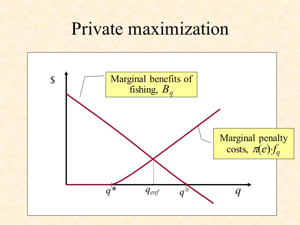 Private maximization $ q q* Marginal benefits of fishing, B q Marginal penalty costs, (e) f q q enf q°