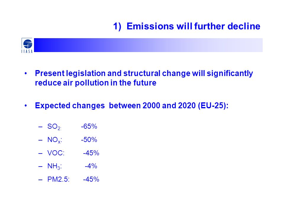 1) Emissions will further decline Present legislation and structural change will significantly reduce air pollution in the future Expected changes between 2000 and 2020 (EU-25): –SO 2: -65% –NO x :-50% –VOC: -45% –NH 3 : -4% –PM2.5: -45%