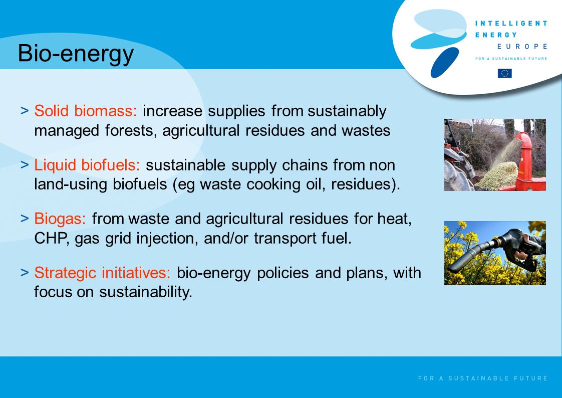 Bio-energy >Solid biomass: increase supplies from sustainably managed forests, agricultural residues and wastes >Liquid biofuels: sustainable supply chains from non land-using biofuels (eg waste cooking oil, residues).