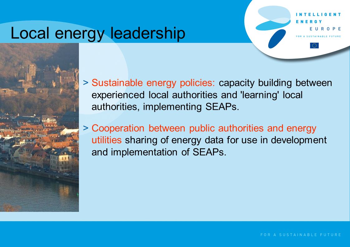 >Sustainable energy policies: capacity building between experienced local authorities and learning local authorities, implementing SEAPs.