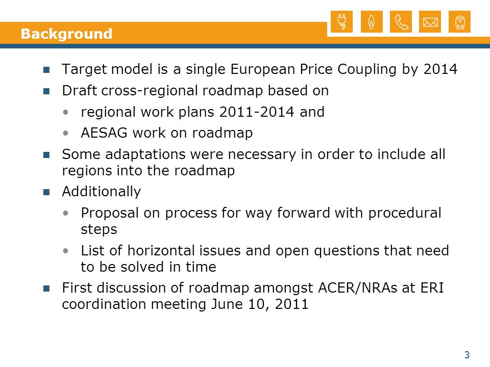 3 Background Target model is a single European Price Coupling by 2014 Draft cross-regional roadmap based on regional work plans and AESAG work on roadmap Some adaptations were necessary in order to include all regions into the roadmap Additionally Proposal on process for way forward with procedural steps List of horizontal issues and open questions that need to be solved in time First discussion of roadmap amongst ACER/NRAs at ERI coordination meeting June 10, 2011
