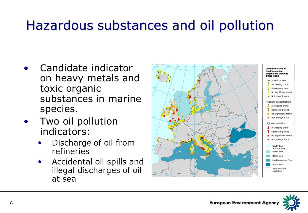 8 Hazardous substances and oil pollution Candidate indicator on heavy metals and toxic organic substances in marine species.