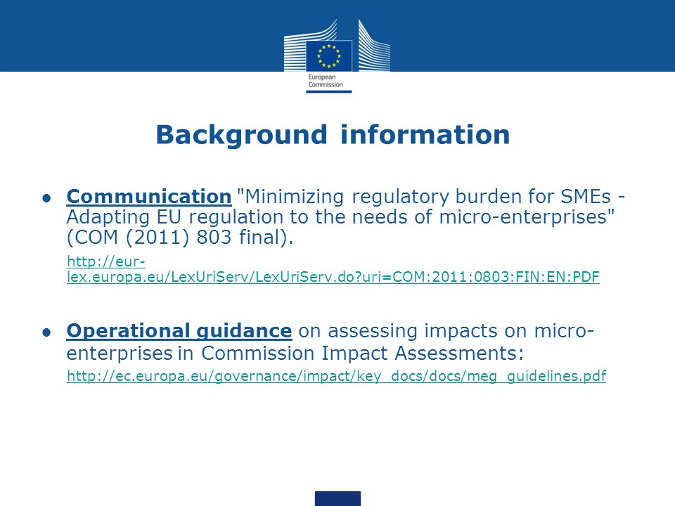 Background information Communication Minimizing regulatory burden for SMEs - Adapting EU regulation to the needs of micro-enterprises (COM (2011) 803 final).