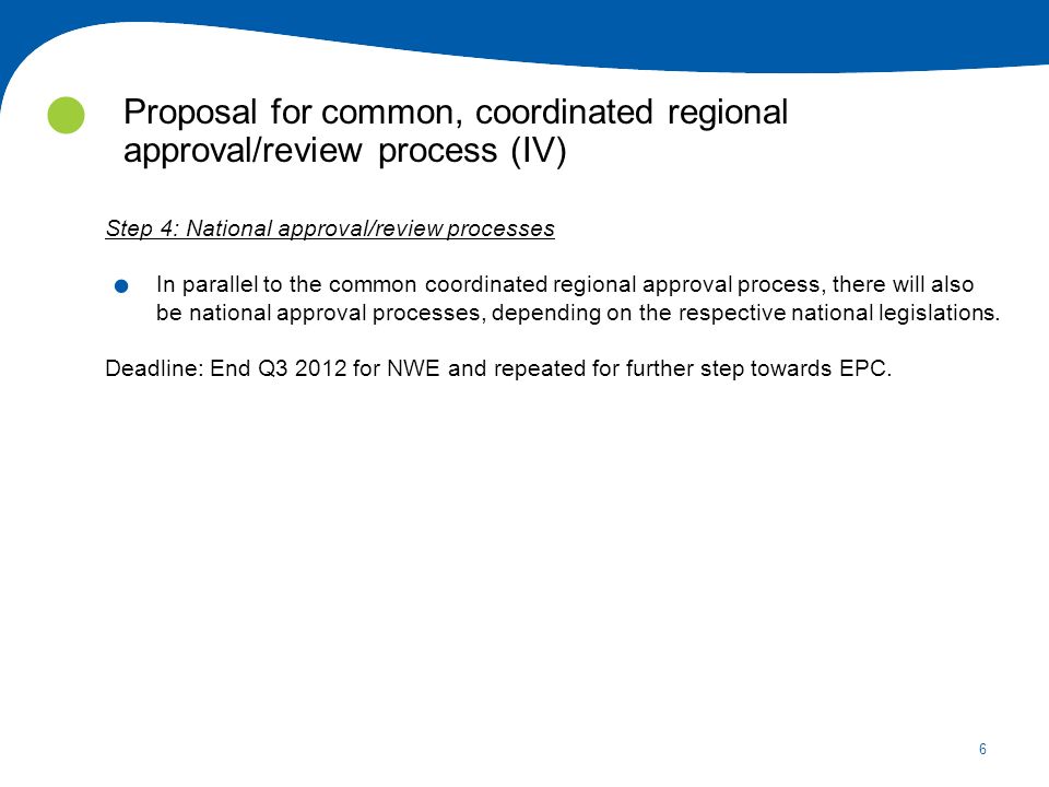 6 Proposal for common, coordinated regional approval/review process (IV) Step 4: National approval/review processes.