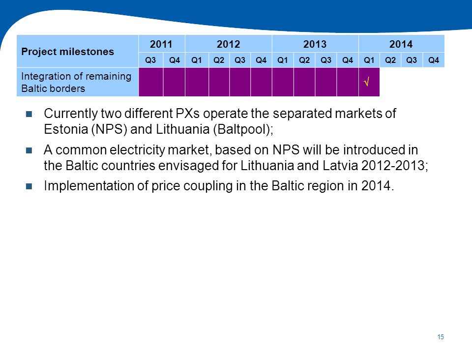 15 Currently two different PXs operate the separated markets of Estonia (NPS) and Lithuania (Baltpool); A common electricity market, based on NPS will be introduced in the Baltic countries envisaged for Lithuania and Latvia ; Implementation of price coupling in the Baltic region in 2014.