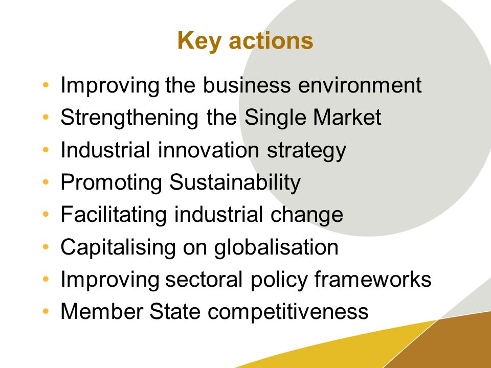 Key actions Improving the business environment Strengthening the Single Market Industrial innovation strategy Promoting Sustainability Facilitating industrial change Capitalising on globalisation Improving sectoral policy frameworks Member State competitiveness