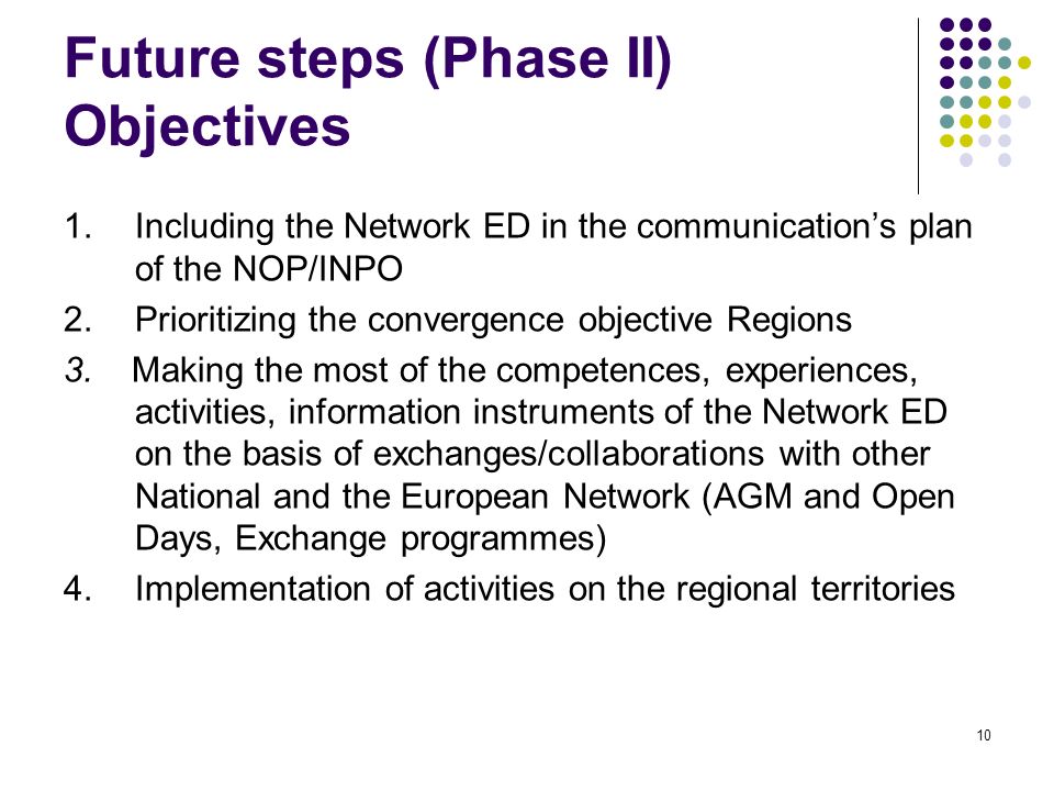 10 Future steps (Phase II) Objectives 1.Including the Network ED in the communications plan of the NOP/INPO 2.Prioritizing the convergence objective Regions 3.